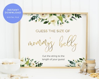 Baby Shower Games Guess Moms belly PRINTABLE, Guess Mums belly sign, Greenery baby shower decor INSTANT download, How big is mommys belly