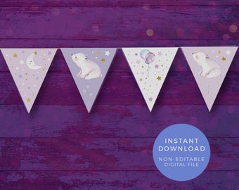 Purple Paper garland INSTANT DOWNLOAD, Twinkle twinkle little Star Flag bunting, PRINTABLE polar bear bunting, kids party decoration digital