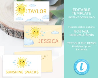 Little sunshine Place card EDITABLE, You are my sunshine birthday food label TEMPLATE, Sunshine Baby shower food tent PRINTABLE 1st birthday