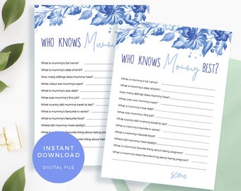 Who knows mummy best game INSTANT DOWNLOAD, Boy Mommy best card, Little Stars Baby Shower Game, Floral Blue Baby Shower decoration PRINTABLE