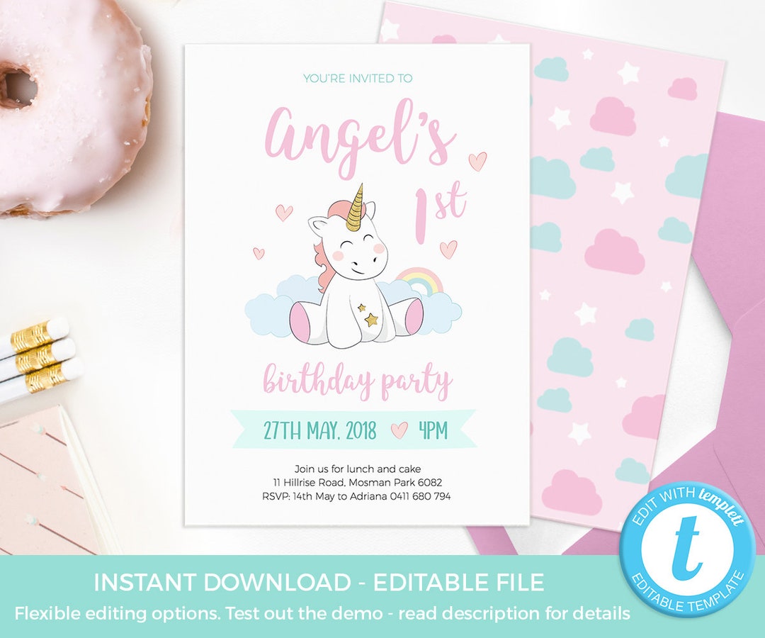 Unicorn Invitations 1st Birthday INSTANT Download Unicorn - Etsy