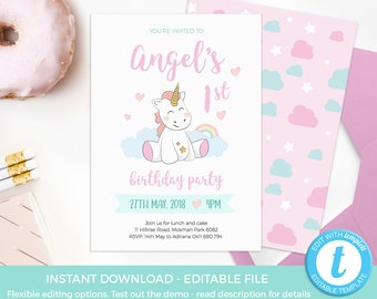 Unicorn invitations EDITABLE, 1st birthday invite INSTANT download, Unicorn birthday invitations, first birthday Unicorn party decorations