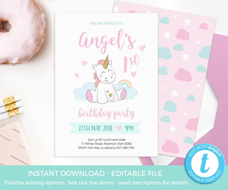 Unicorn invitations EDITABLE, 1st birthday invite INSTANT download, Unicorn birthday invitations, first birthday Unicorn party decorations image 1