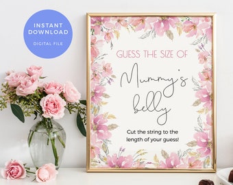 Guess Moms belly game PRINTABLE Guess Mums belly sign, INSTANT download Baby shower game, How big is mommys belly Classy pink Floral mummy