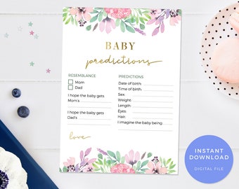 Baby prediction PRINTABLE, Baby Prediction card, floral Baby prediction game, Baby shower games pdf faux gold foil Baby sprinkle decorations