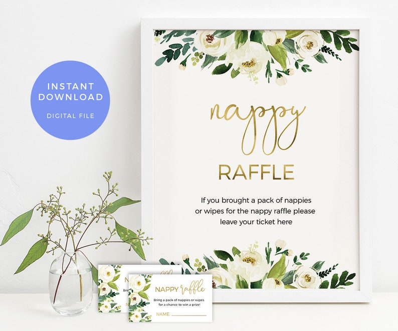 May include: White floral printable sign with gold text that reads "nappy raffle". The sign says "If you brought a pack of nappies or wipes for the nappy raffle please leave your ticket here".