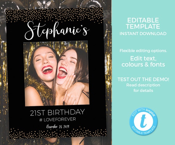 21st Birthday Photo Booth Frame Prop Template Black Gold Etsy