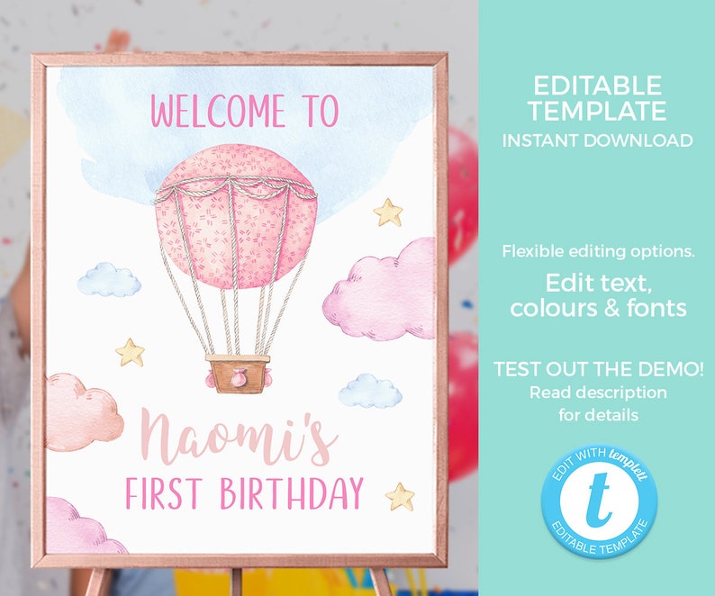 Hot air balloon Baby Shower Invitation TEMPLATE. EDITABLE Pink Christening invitation Printable Boy baby shower invite first birthday invite image 10