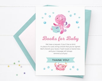 Under the sea Books for Baby, Octopus Baby shower book request card, Printable Book request card, Under the sea Baby shower invite, Mermaid