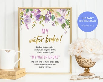 My water broke game PRINTABLE, Purple Floral Baby shower games, Boy melting baby sign INSTANT Download Baby shower decorations digital games