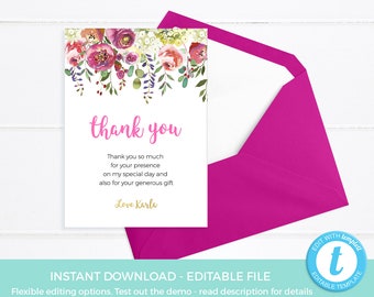 Floral thank you cards template, PRINTABLE thankyou cards EDITABLE birthday party baby shower thanks, 1st birthday, first, sprinkle favor