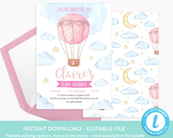 Hot air balloon Baby Shower Invitation TEMPLATE. EDITABLE Pink Christening invitation Printable Boy baby shower invite first birthday invite