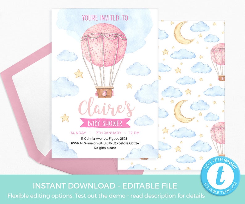 Hot air balloon Baby Shower Invitation TEMPLATE. EDITABLE Pink Christening invitation Printable Boy baby shower invite first birthday invite image 1