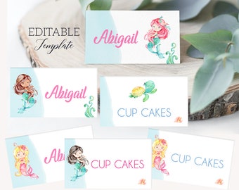 Mermaid place cards EDITABLE template, Mermaid party name cards INSTANT download, Baby shower food tents food labels Pool party labels