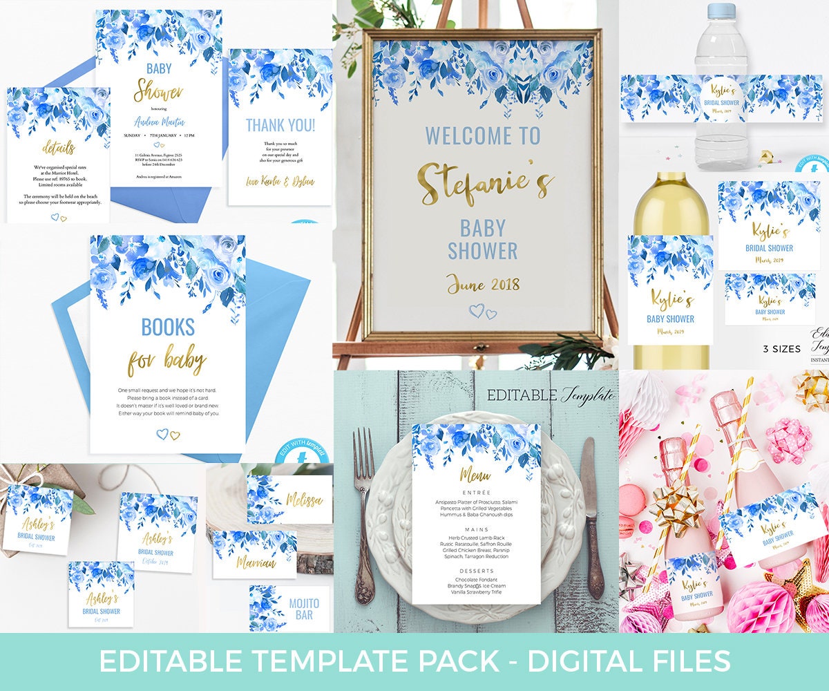 Blue Floral Menu TEMPLATE Boy Baby Shower Menu EDITABLE Menu Etsy