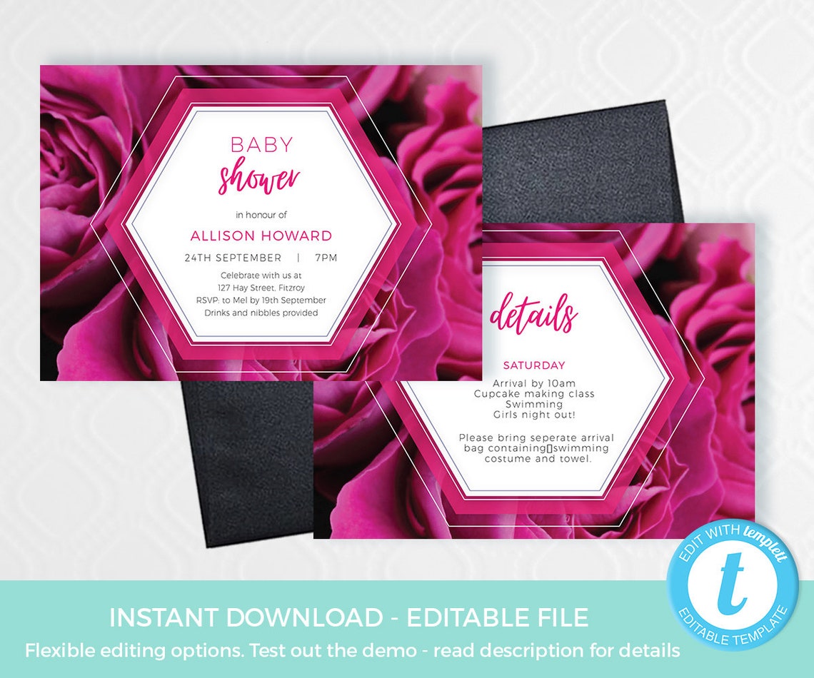 Pink Baby Shower Invitations PRINTABLE. Bright Pink Rose | Etsy