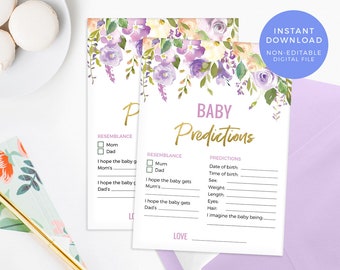 Floral Baby prediction card DOWNLOAD, Violet Baby Shower games, Lilac Baby Prediction game PRINTABLE, Baby shower decorations, Baby sprinkle