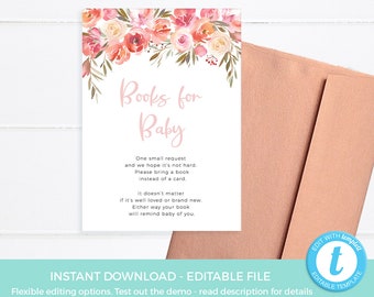 Blush floral books for baby request card EDITABLE template, Pink baby shower card Printable, baby brunch, high tea, Blush baby sprinkle