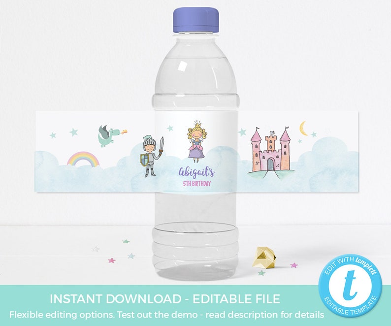 Fairytale water bottle labels, Printable EDITABLE water bottle labels, Template Princess water bottle labels, Princess party decor knight image 2