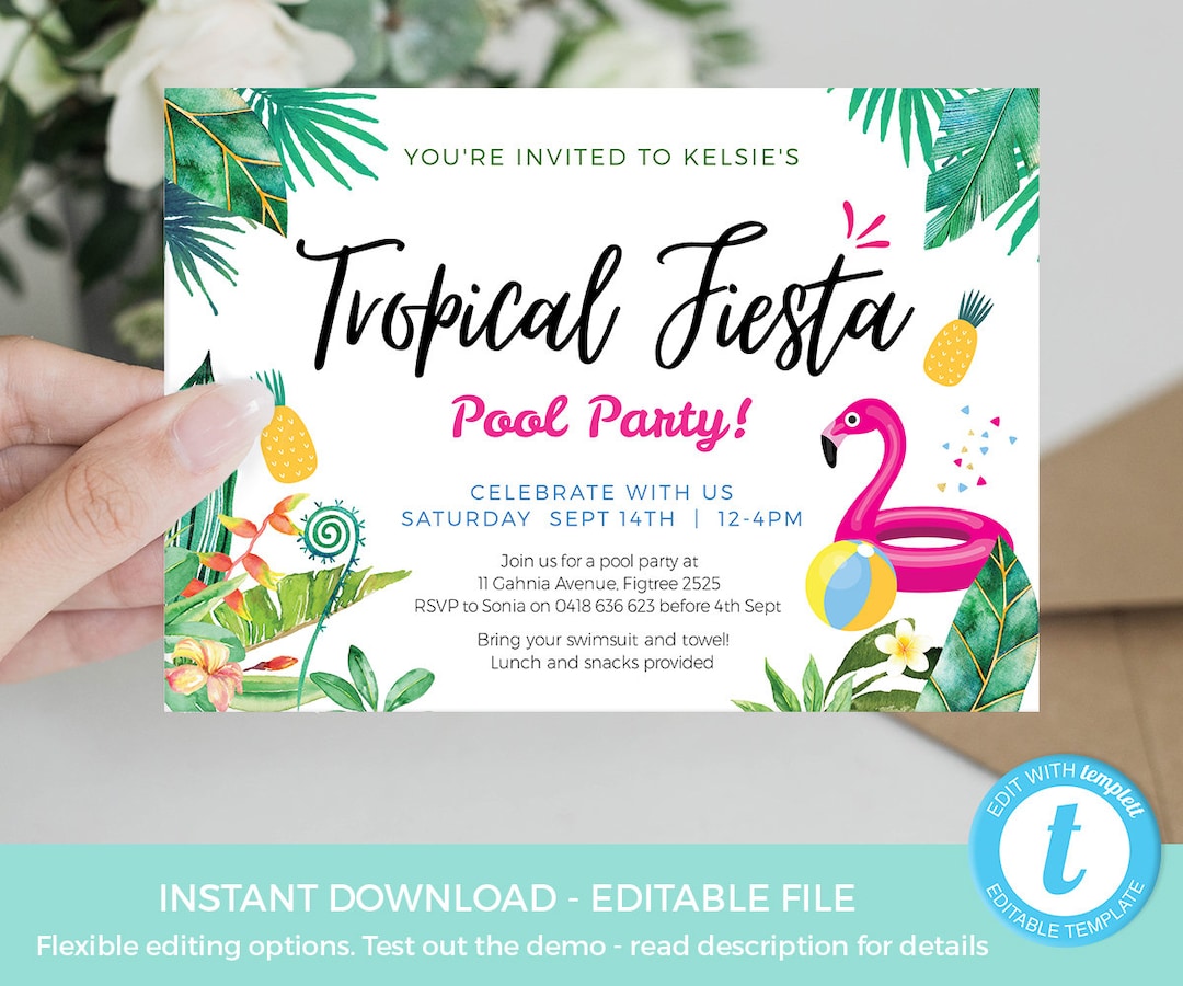 Tropical Pool Party Invitation TEMPLATE, EDITABLE Pool Party Invite ...