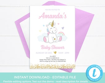 Unicorn invitations EDITABLE, Unicorn invites TEMPLATE, Baby shower Unicorn invitation instant download, Girl baby invitations PRINTABLE