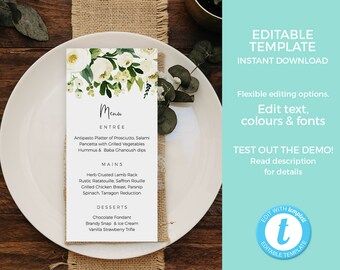 Greenery menu TEMPLATE, Baby shower menu EDITABLE, menu card PRINTABLE birthday place card sprinkle holy communion Christening, anniversary