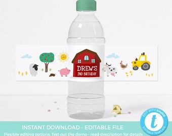 Farm water bottle labels EDITABLE, Farm label PRINTABLE, Petting Zoo party labels PRINTABLE, Kids Barnyard, Tractor, Farm Animal decorations