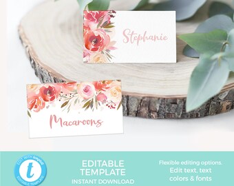 Blush Place cards EDITABLE Template, Pink Floral name cards, Printable Food Labels, Baby shower Food tents Favor tag, Birthday Party labels