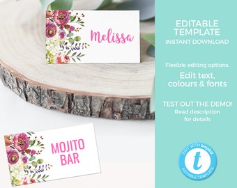Floral Place cards Template, Flower Food Labels EDITABLE name cards Printable, Baby shower labels, Girl birthday party Food tents Favor tags