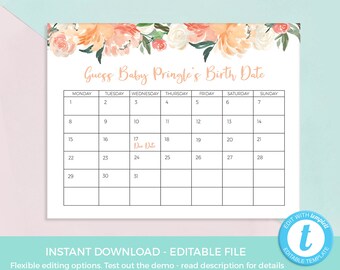 Peach floral Guess Baby due date calendar template EDITABLE Guess baby birthday PRINTABLE, Girl Baby Shower games INSTANT download
