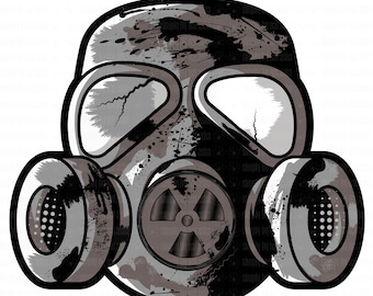 May include: A black and gray gas mask with a distressed, grunge-style design. The mask has a large, round filter with a stylized radiation symbol. The mask is a popular motif in punk and alternative subcultures.