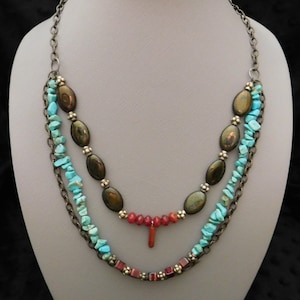 24&quot; Turquoise , Red Agate, Red Glass Bead, Antique Bronze Chain, Multi-Strand Boho Nacklace