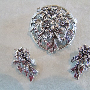 Vintage JUDY LEE Signed Silver Flower Brooch Pin & Earrings Set Demi Parure