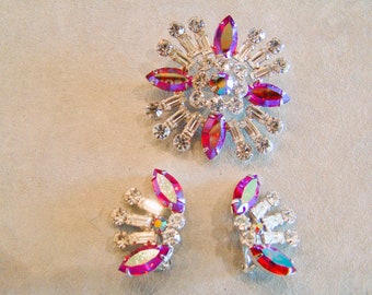 vintage B DAVID rose clair AB strass broche et boucles d'oreilles Demi-parure