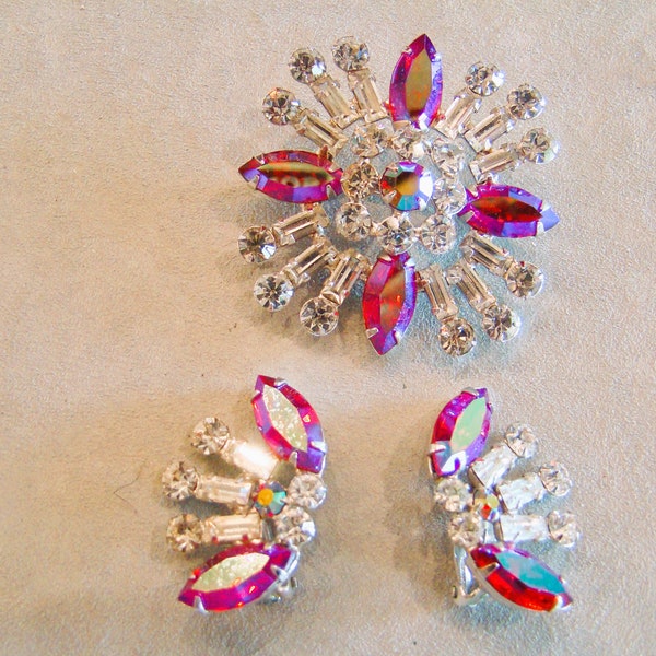 Vintage B DAVID Pink klar AB Strass Pin Brosche und Ohrringe Demi Parure