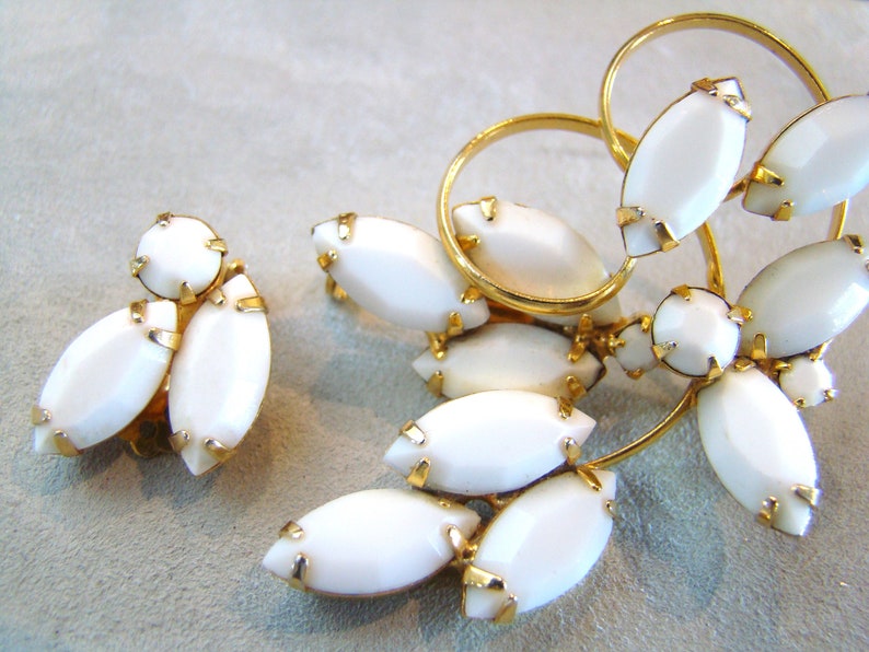 Lot of Vintage Opaque Camphor Glass Rhinestone Pin Brooch Earring Sets image 9