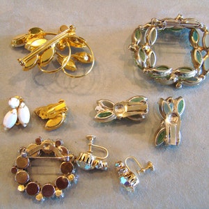 Lot of Vintage Opaque Camphor Glass Rhinestone Pin Brooch Earring Sets image 6