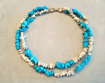 Vintage Signed HOBE Natural Bead Double Strand Necklace Turquoise color nuggets