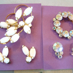 Lot of Vintage Opaque Camphor Glass Rhinestone Pin Brooch Earring Sets image 2