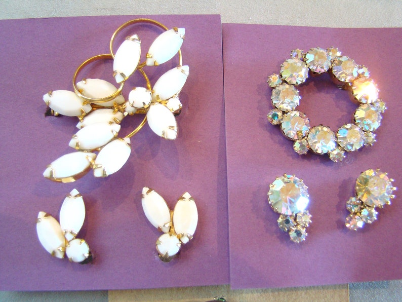 Lot of Vintage Opaque Camphor Glass Rhinestone Pin Brooch Earring Sets image 2