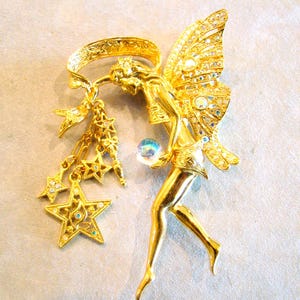 Large Vintage Kirks Folly AB Rhinestone Fairy Godmother Dangle Brooch