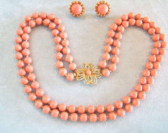 Vintage Signed RICHELIEU Double Strand Coral Colored Beaded Necklace Earring Set