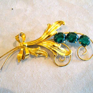 Vintage 1940s 1950s Large Sterling Silver Gold wash Leaf Pin Brooch Green Stones