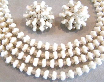 Vintage Germany White Glass Bead Rhinestone 4 Strand Necklace Clip Earring Set