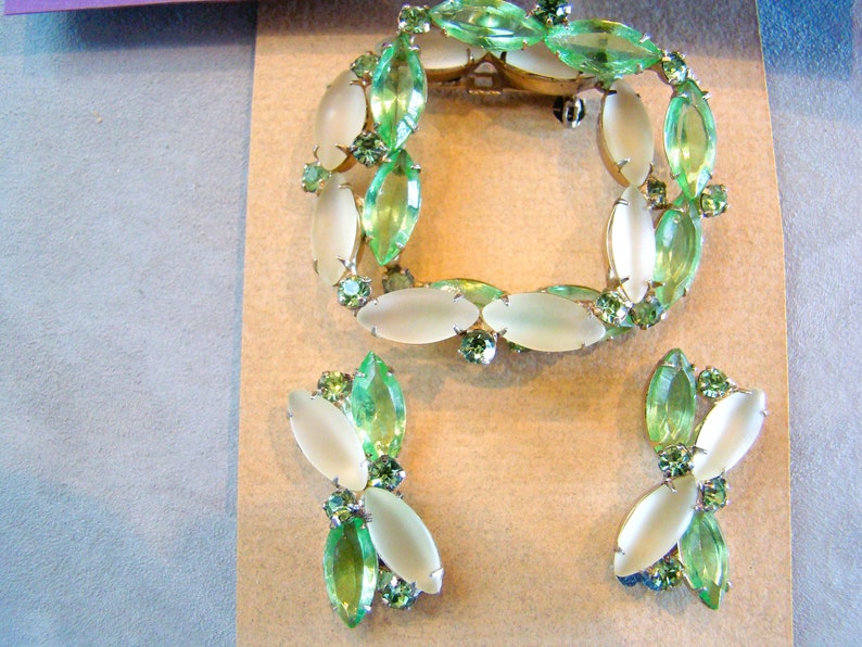 Lot of Vintage Opaque Camphor Glass Rhinestone Pin Brooch Earring Sets image 3
