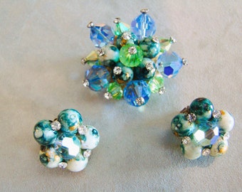 Vintage Art Glass Crystal Rhinestone Brooch Pin Earring Set Demi Parure