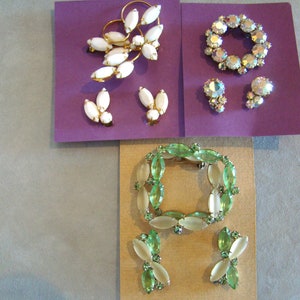 Lot of Vintage Opaque Camphor Glass Rhinestone Pin Brooch Earring Sets image 1