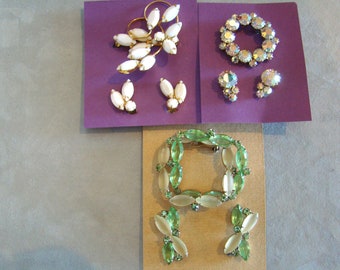 Lot of Vintage Opaque Camphor Glass Rhinestone Pin Brooch Earring Sets