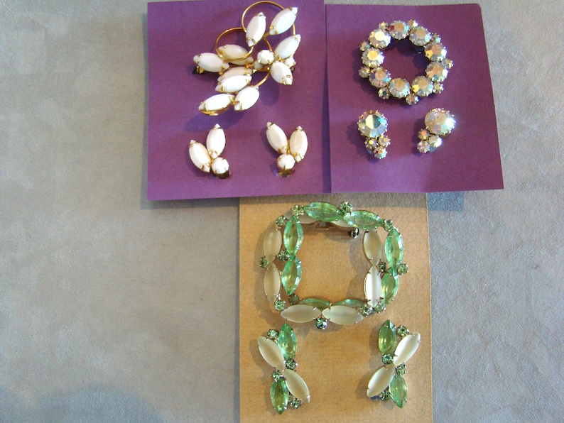 Lot of Vintage Opaque Camphor Glass Rhinestone Pin Brooch Earring Sets image 1
