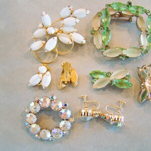 Lot of Vintage Opaque Camphor Glass Rhinestone Pin Brooch Earring Sets image 4